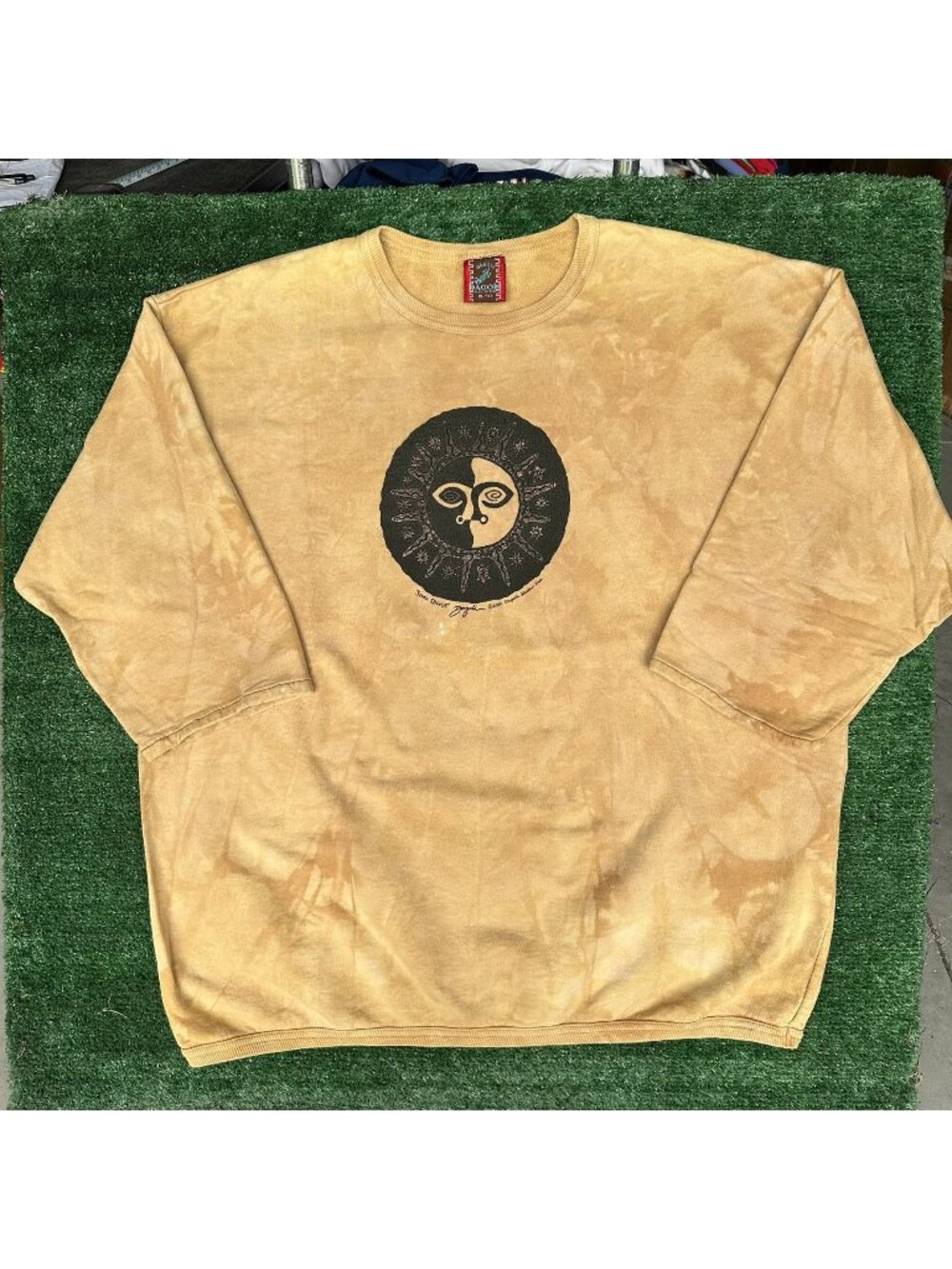 Vintage Y2K Sun Spirit Tie Dye Sweatshirt Tan XL 3/4 Sleeve Boho Grunge Tribal